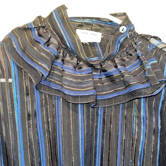 John Yang Shirt Womens 12 Blue Black Striped Long Sleeve Blouse Ruffle High Neck - Picture 2 of 12